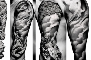 Apollo upper half, Zeus lower half, mythical, realistic, sculpture, epic tattoo idea