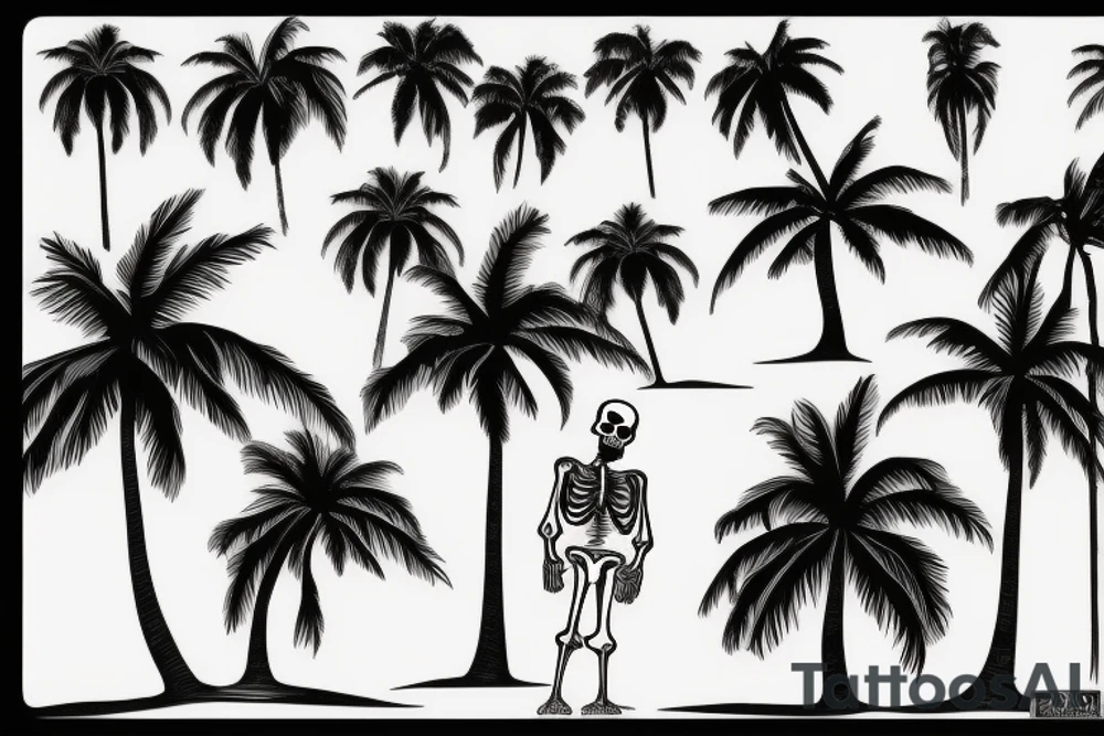 skeleton standing under palm tree tattoo idea