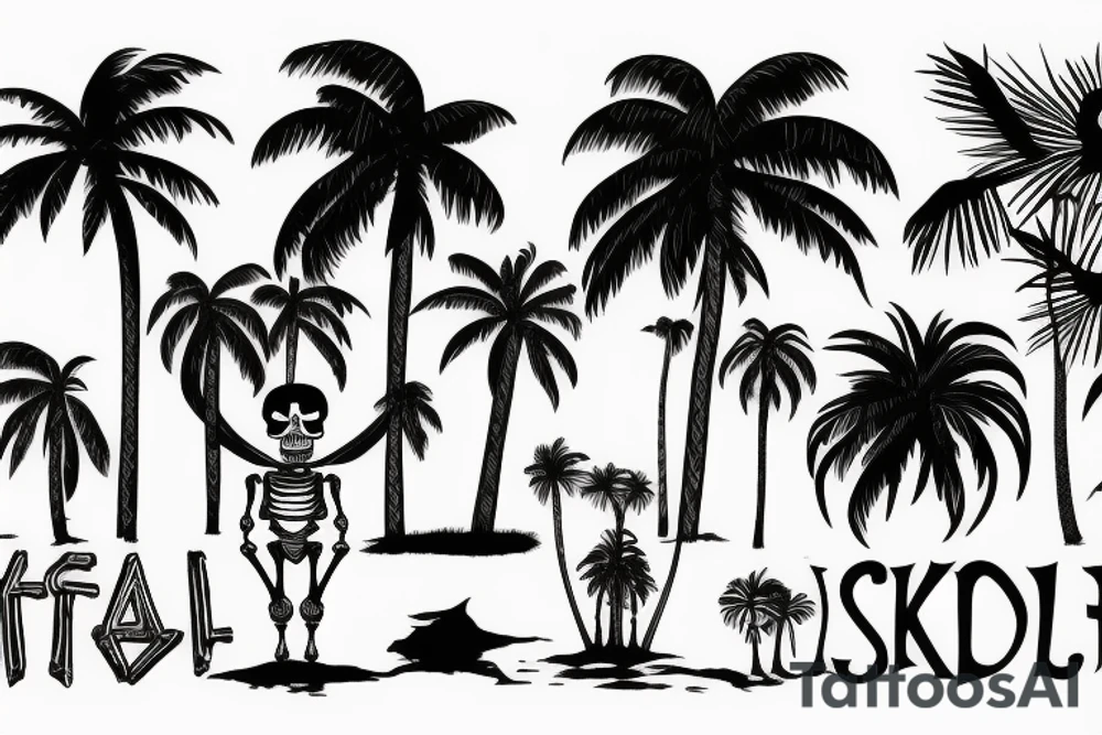 skeleton standing under palm tree tattoo idea
