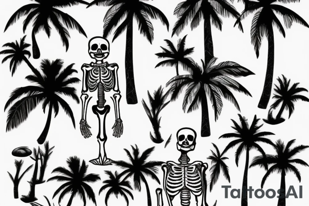skeleton standing under palm tree tattoo idea