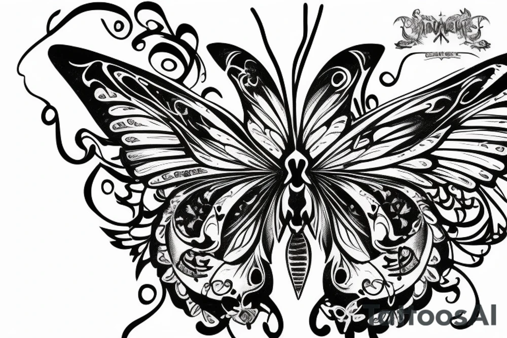 Evil detailed butterfly with skull face tattoo idea