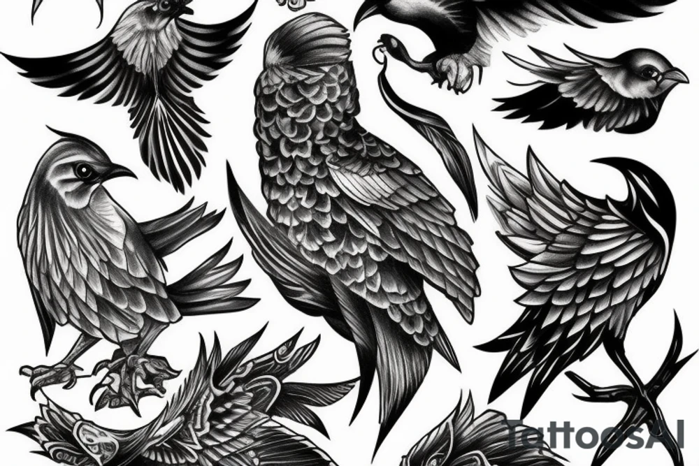 3 detailed evil birds tattoo idea