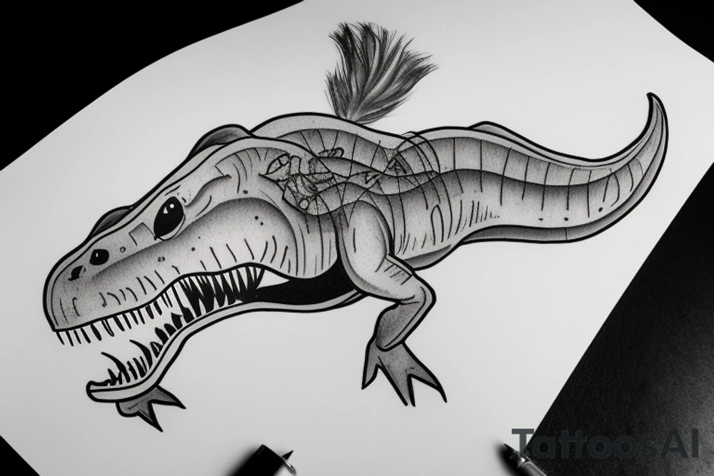 baby t-rex with soother in mouth and ribobn on head tattoo idea