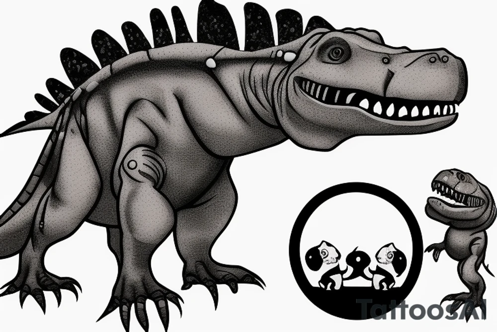 baby t-rex with soother in mouth and ribobn on head tattoo idea