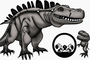 baby t-rex with soother in mouth and ribobn on head tattoo idea