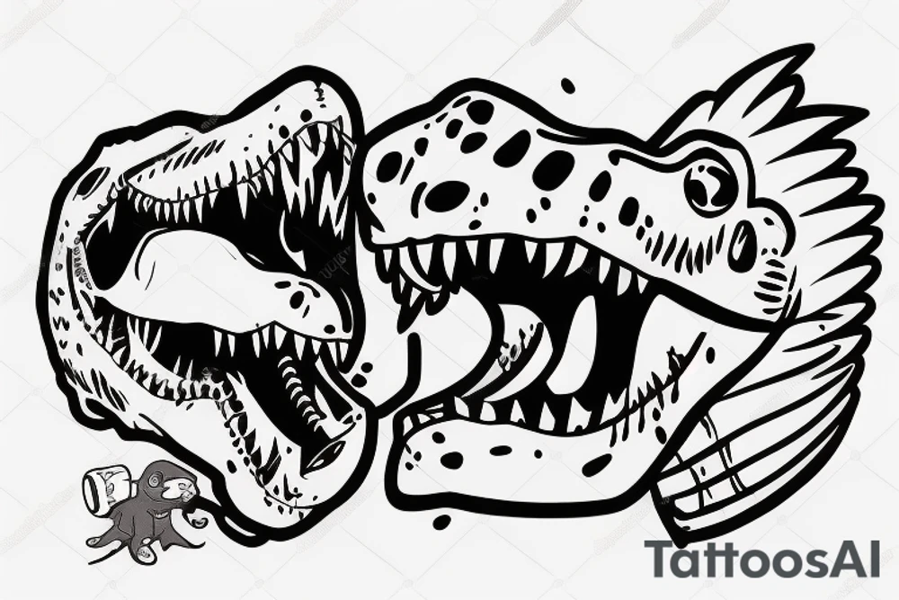 baby t-rex with soother in mouth and ribobn on head tattoo idea