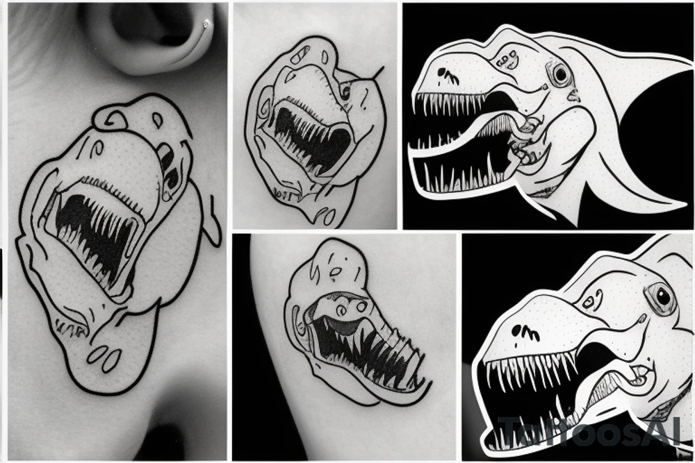 baby t-rex with soother in mouth and ribbon on head tattoo idea