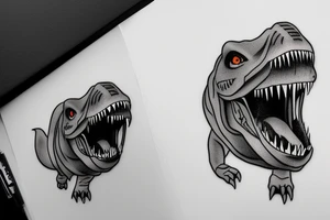 baby t-rex with soother in mouth and ribbon on head tattoo idea
