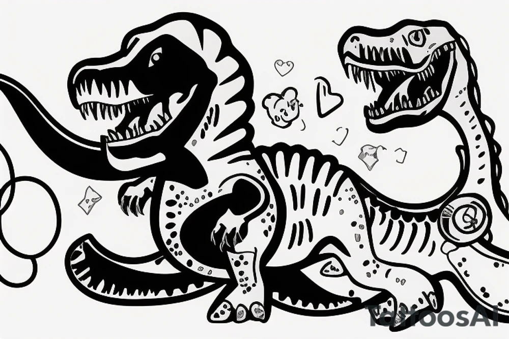 baby t-rex with soother and ribbon on head tattoo idea