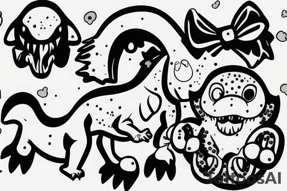 baby t-rex with soother and ribbon on head tattoo idea