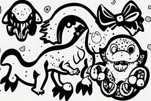 baby t-rex with soother and ribbon on head tattoo idea