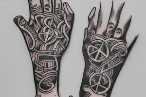 need a hand band tattoo which includes Pencil, pen, Book, peace symbol, bicycle, buildings, Autocad logo, Revit Logo, Solidworks logo, 3DS Max Logo, tattoo idea