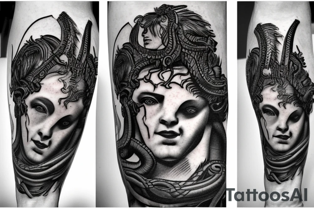 Perseus chopping the head off Medusa in a realistic style, framed in a geometrical figure tattoo idea