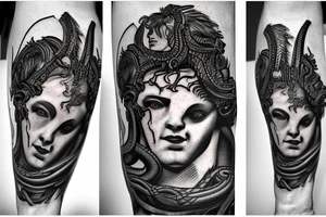 Perseus chopping the head off Medusa in a realistic style, framed in a geometrical figure tattoo idea