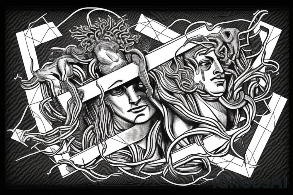 Perseus chopping the head off Medusa in a realistic style, framed in a geometrical figure tattoo idea