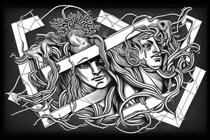 Perseus chopping the head off Medusa in a realistic style, framed in a geometrical figure tattoo idea
