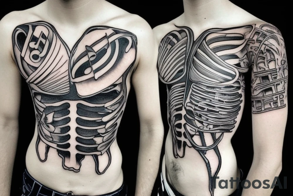 Anatomical ribcage skeleton with music notes geometric tattoo idea