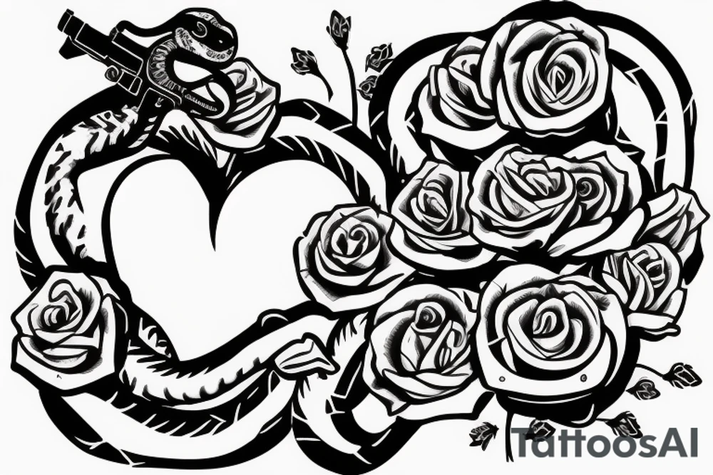 Snake with a gun behind , roses around the gun and snake , snake pattern love hearts tattoo idea