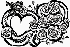 Snake with a gun behind , roses around the gun and snake , snake pattern love hearts tattoo idea
