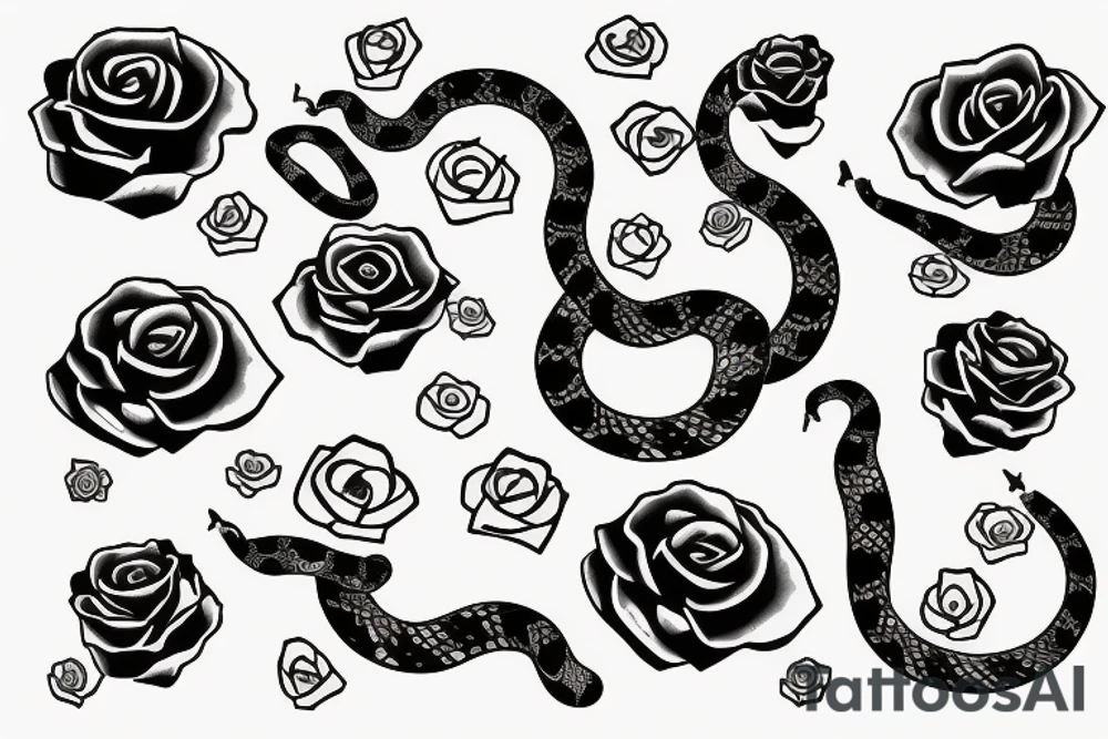 Snake with a gun behind , roses around the gun and snake , snake pattern love hearts tattoo idea