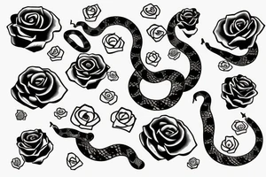 Snake with a gun behind , roses around the gun and snake , snake pattern love hearts tattoo idea
