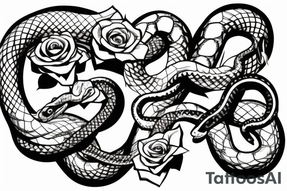 Snake with a gun behind , roses around the gun and snake , snake pattern love hearts tattoo idea