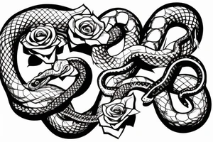 Snake with a gun behind , roses around the gun and snake , snake pattern love hearts tattoo idea