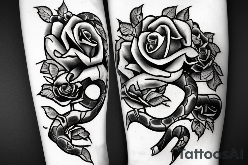 Snake with a gun behind , roses around the gun and snake , snake pattern love hearts tattoo idea