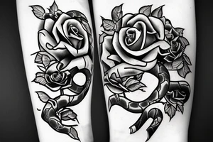 Snake with a gun behind , roses around the gun and snake , snake pattern love hearts tattoo idea