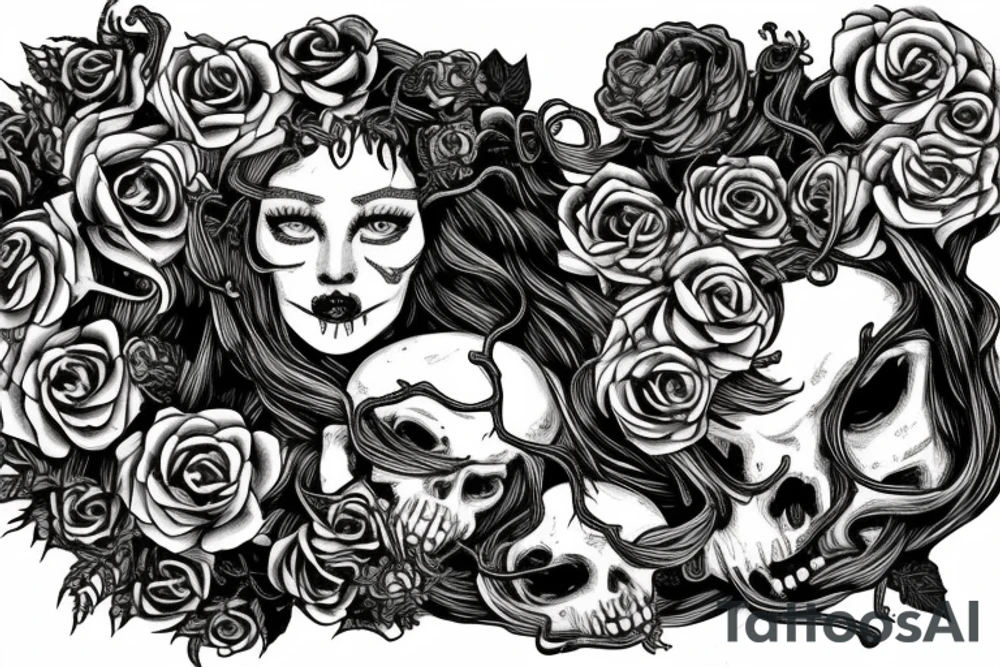 Medusa with snakes, skulls, and roses. Dead flowers. Vines. tattoo idea