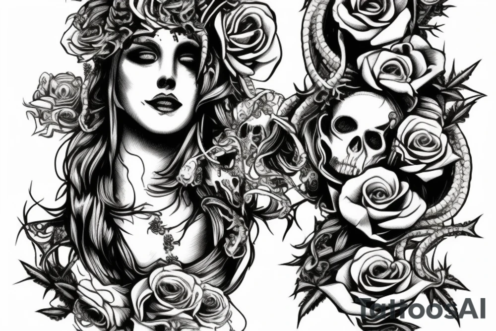Medusa with snakes, skulls, and roses. Dead flowers. Vines. tattoo idea