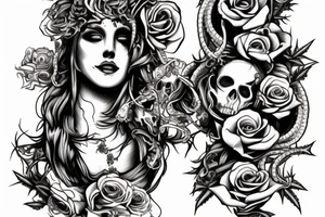 Medusa with snakes, skulls, and roses. Dead flowers. Vines. tattoo idea