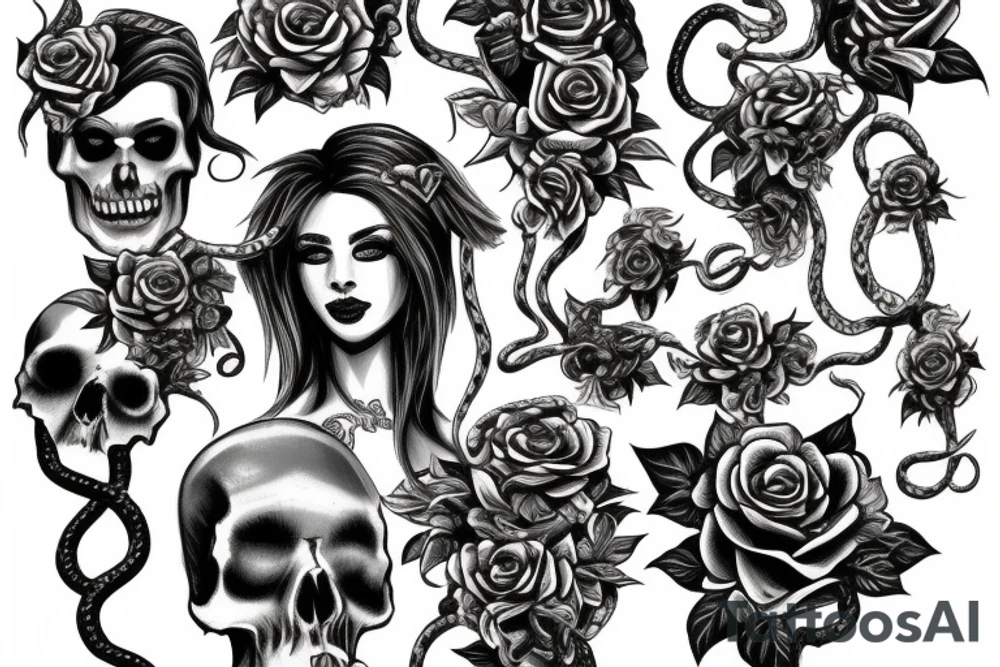 Medusa with snakes, skulls, roses, Dead flowers, Vines tattoo idea