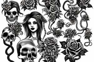 Medusa with snakes, skulls, roses, Dead flowers, Vines tattoo idea