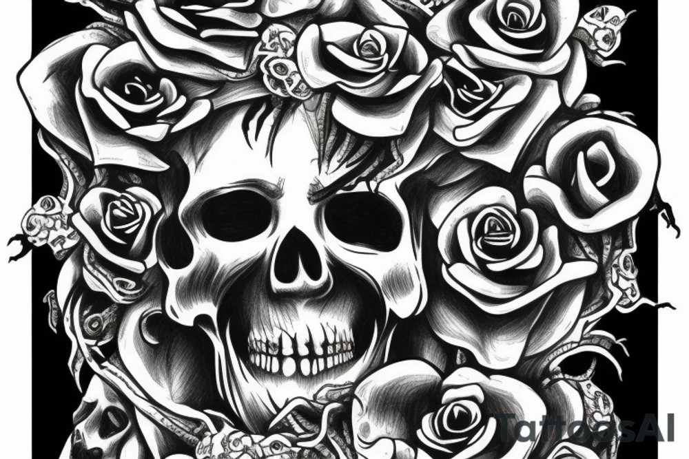 Medusa with snakes, skulls, roses, Dead flowers, Vines tattoo idea