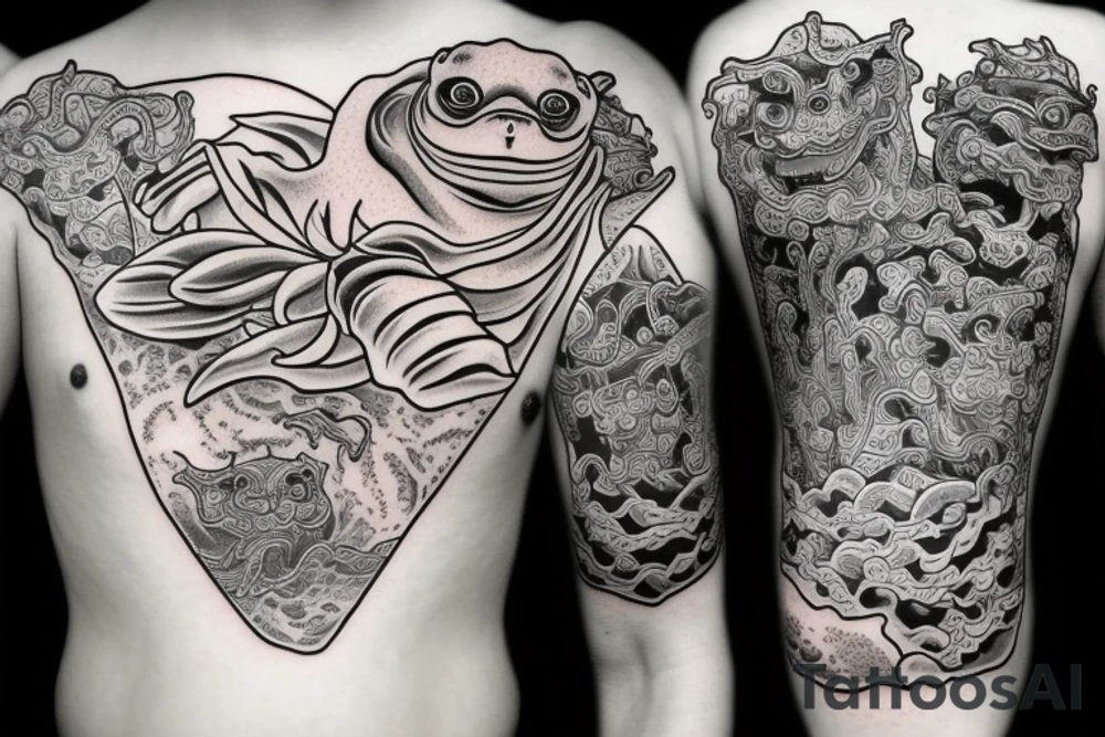 a frog in the style of a Japanese demon with three heads that sits on a water lily tattoo idea