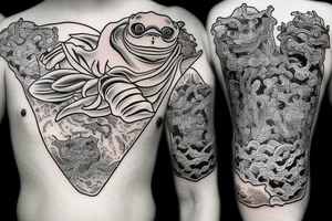 a frog in the style of a Japanese demon with three heads that sits on a water lily tattoo idea