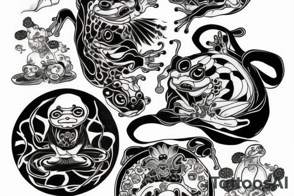 a frog in the style of a Japanese demon with three heads that sits on a water lily tattoo idea