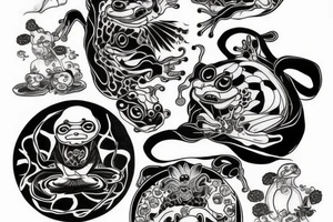 a frog in the style of a Japanese demon with three heads that sits on a water lily tattoo idea