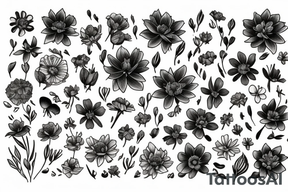 bouquet of flowers using only Marigold, Cosmos, Larkspur, and Water Lily flowers tattoo idea