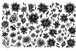 bouquet of flowers using only Marigold, Cosmos, Larkspur, and Water Lily flowers tattoo idea