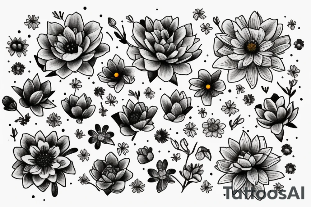 bouquet of flowers using only Marigold, Cosmos, Larkspur, and Water Lily flowers tattoo idea