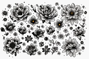 bouquet of flowers using only Marigold, Cosmos, Larkspur, and Water Lily flowers tattoo idea