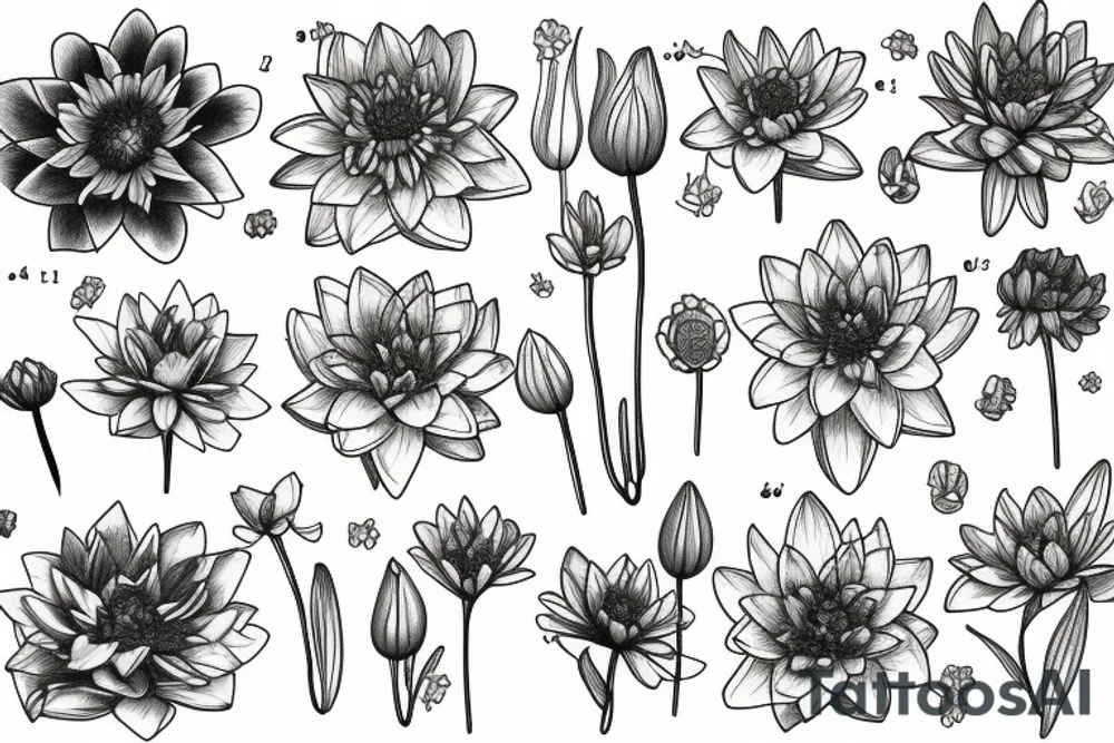 A bouquet of Marigold, Cosmos, Larkspur, and Water Lily flowers tattoo idea