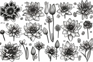 A bouquet of Marigold, Cosmos, Larkspur, and Water Lily flowers tattoo idea