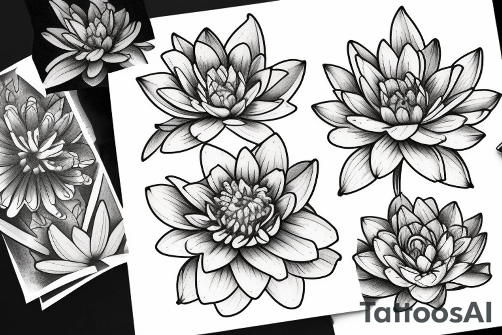 A bouquet of Marigold, Cosmos, Larkspur, and Water Lily flowers tattoo idea