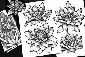 A bouquet of Marigold, Cosmos, Larkspur, and Water Lily flowers tattoo idea