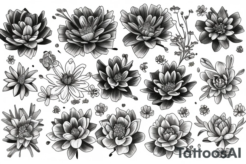A bouquet of Marigold flower, Cosmos flower, Larkspur flower, and Water Lily flower tattoo idea