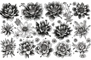 A bouquet of Marigold flower, Cosmos flower, Larkspur flower, and Water Lily flower tattoo idea