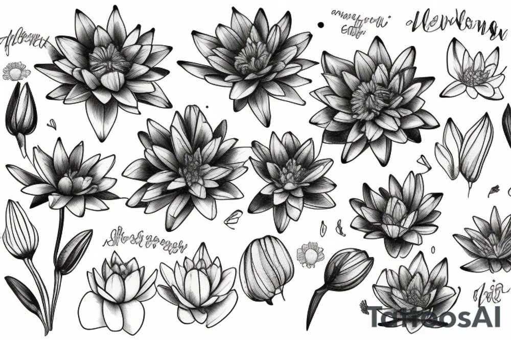 A bouquet of Marigold flower, Cosmos flower, Larkspur flower, and Water Lily flower tattoo idea